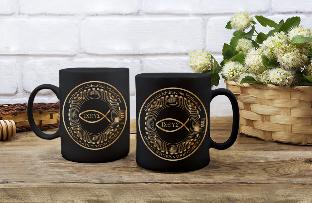Revolutionize Your Morning Routine with the Black 15 oz Ceramic Ichthus Crypto Mug with QR Code and 153 Bonus Digital Gold Tokens