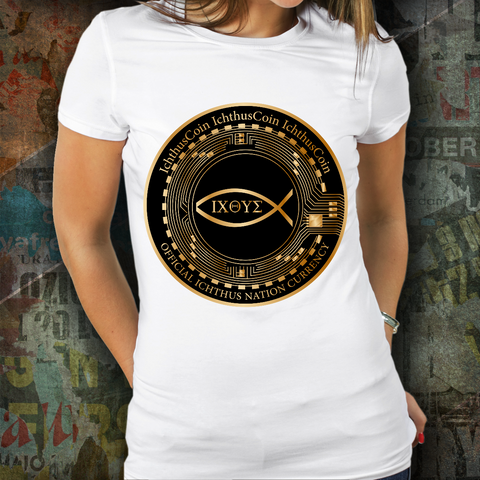 Limited Edition IchthusCoin White Inspirational Women's Tee 100% Cotton with QR Code on Back and 153 BONUS IchthusCoin Digital Gold Tokens with Corporate Digital Dashboard and Wallet Account ($75 Value)
