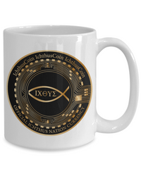 Limited Edition IchthusCoin 15 oz White Inspirational Novelty Coffee Mug with 25 BONUS IchthusCoin Digital Gold Rewards