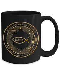 Limited Edition IchthusCoin 15 oz Black Inspirational Novelty Coffee Mug with 50 BONUS IchthusCoin Digital Gold Rewards