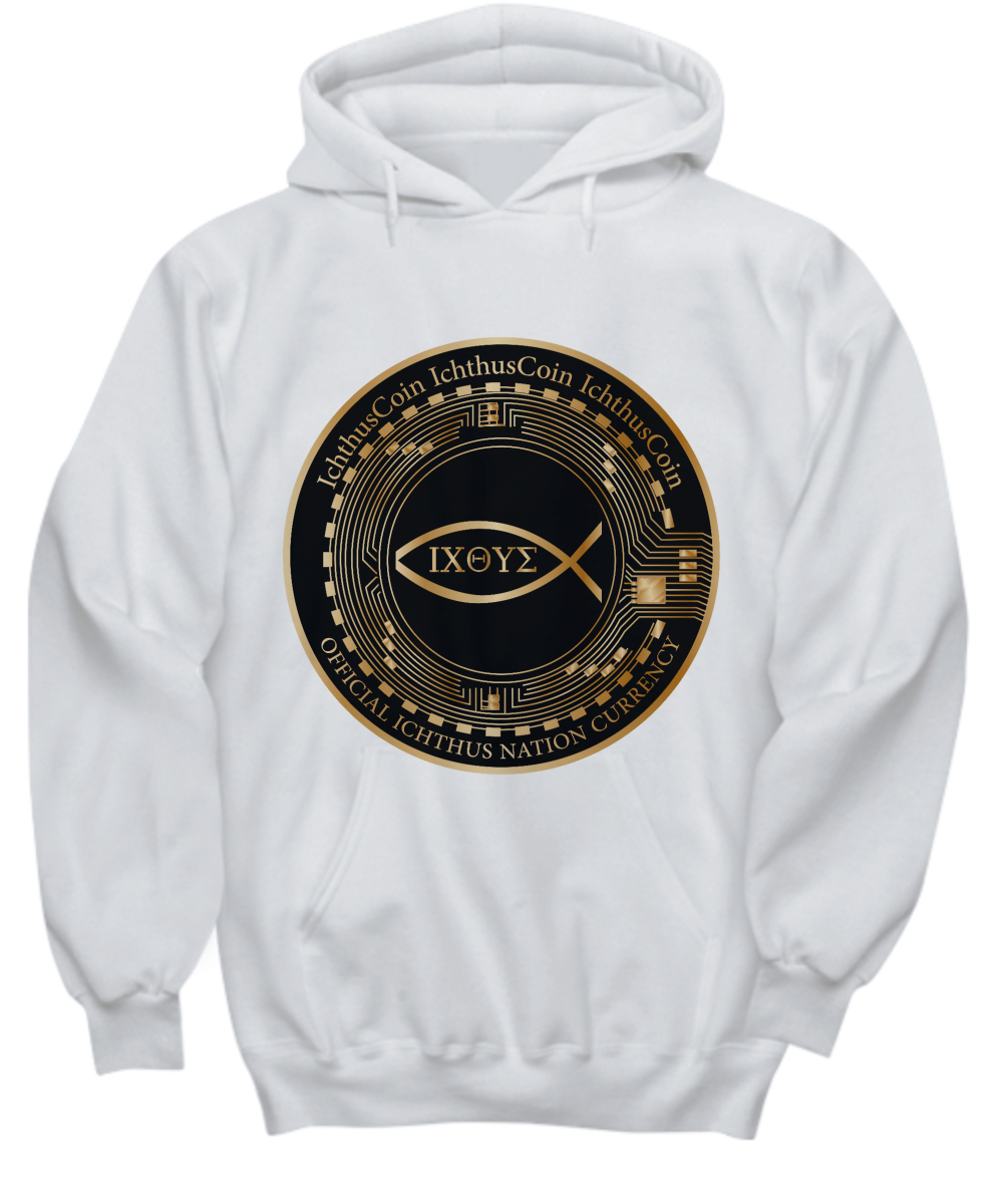 Limited Edition IchthusCoin White Inspirational Hoodie 100% Cotton with Passport QR Code and 153 BONUS IchthusCoin Digital Gold Rewards ($75 Value)