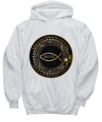Limited Edition IchthusCoin White Inspirational Hoodie 100% Cotton with QR Code on Back and 153 BONUS IchthusCoin Digital Gold Tokens with Corporate Digital Dashboard and Wallet Account ($75 Value)