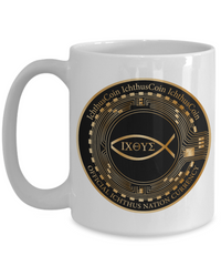 Limited Edition IchthusCoin 15 oz White Inspirational Novelty Coffee Mug with 50 BONUS IchthusCoin Digital Gold Rewards
