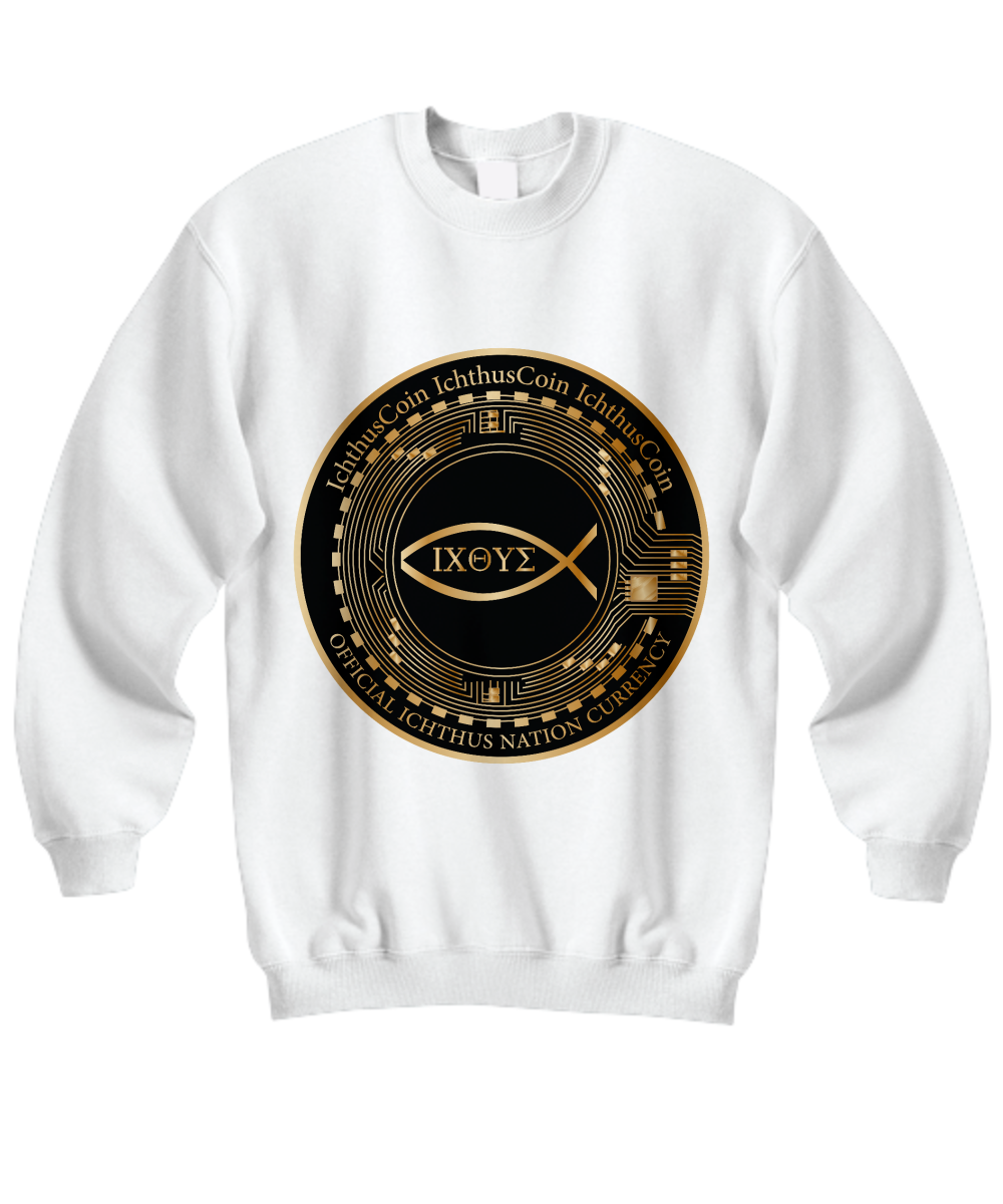 Limited Edition IchthusCoin White Inspirational Sweatshirt 100% Cotton with Passport QR Code and 153 BONUS IchthusCoin Digital Gold Rewards ($75 Value)
