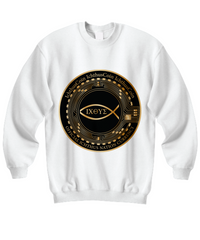 Limited Edition IchthusCoin White Inspirational Sweatshirt 100% Cotton with QR Code on Back and 153 BONUS IchthusCoin Digital Gold Tokens with Corporate Digital Dashboard and Wallet Account ($75 Value)