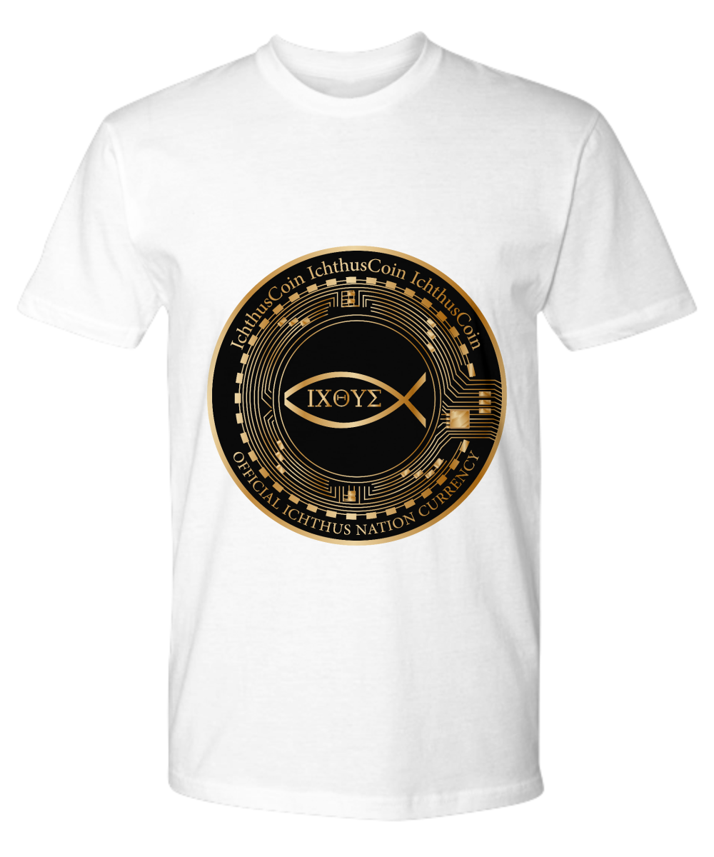 Limited Edition IchthusCoin White Inspirational Premium Unisex Tee 100% Cotton with QR Code on Back and 153 BONUS IchthusCoin Digital Gold Tokens with Corporate Digital Dashboard and Wallet Account ($75 Value)