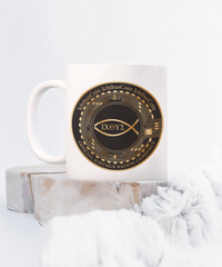 Limited Edition IchthusCoin 11 oz White Inspirational Novelty Coffee Mug with QR Code and 100 BONUS IchthusCoin Digital Gold Tokens with Corporate Digital Dashboard and Wallet Account ($75 Value)