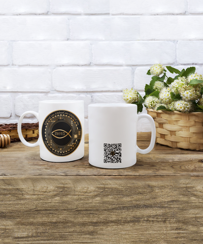 Limited Edition IchthusCoin 11 oz White Inspirational Novelty Coffee Mug with Passport QR Code and 25 BONUS IchthusCoin Digital Gold Rewards