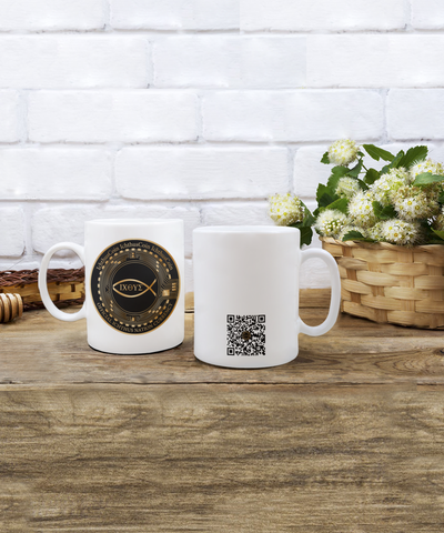 Limited Edition IchthusCoin 15 oz White Inspirational Novelty Coffee Mug with QR Code and 153 BONUS IchthusCoin Digital Gold Tokens with Corporate Digital Dashboard and Wallet Account ($95 Value)