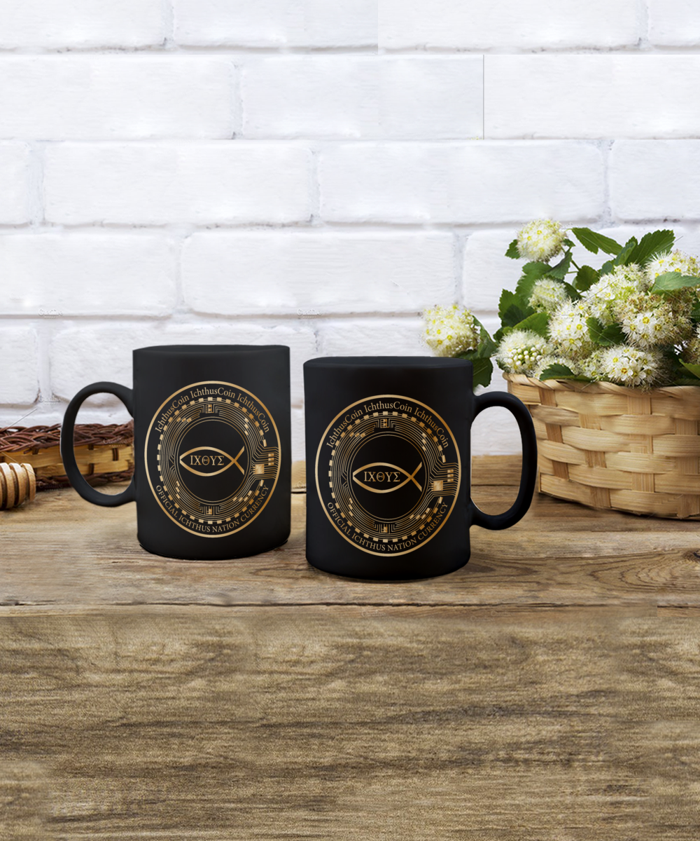 Limited Edition IchthusCoin 11 oz Black Inspirational Novelty Coffee Mug and 100 BONUS IchthusCoin Digital Gold Tokens with Corporate Digital Dashboard and Wallet Account ($75 Value)