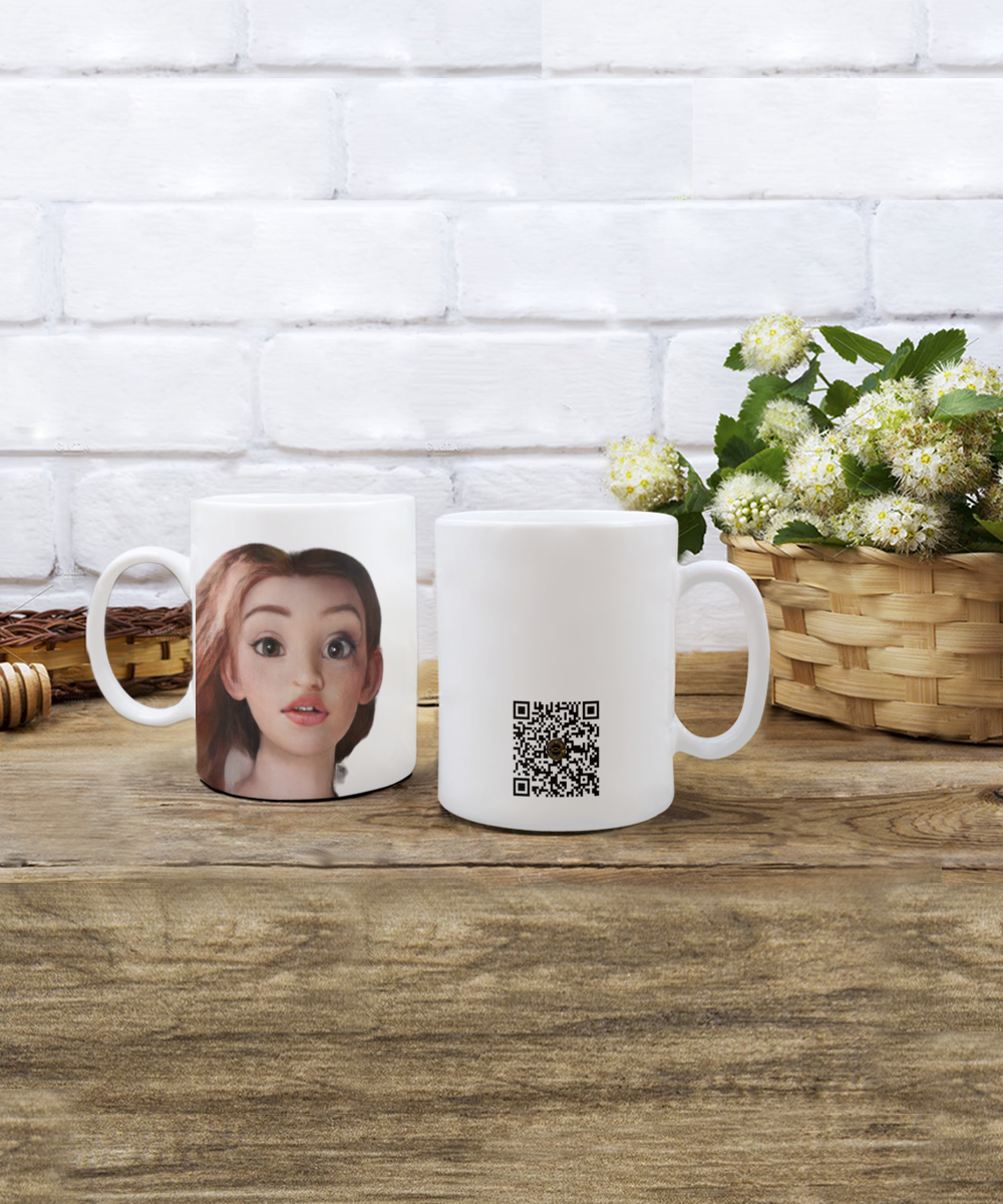 Limited Edition Citizen Avatar Lady Charlotte IchthusCoin 11 oz White Inspirational Novelty Coffee Mug with QR Code and 100 BONUS IchthusCoin Digital Gold Tokens with Corporate Digital Dashboard and Wallet Account ($75 Value)